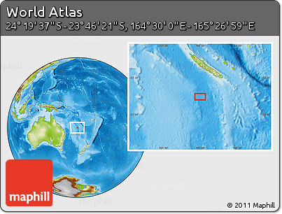 Physical Location Map of the Area around 24° 2' 59" S, 164° 58' 29" E