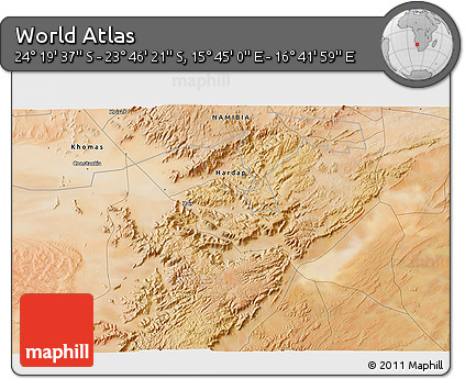 Satellite 3D Map of the Area around 24° 2' 59" S, 16° 13' 30" E