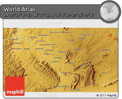 Physical 3D Map of the Area around 24° 2' 59" S, 28° 58' 30" E