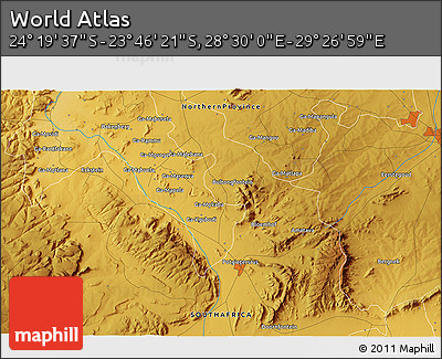 Physical 3D Map of the Area around 24° 2' 59" S, 28° 58' 30" E