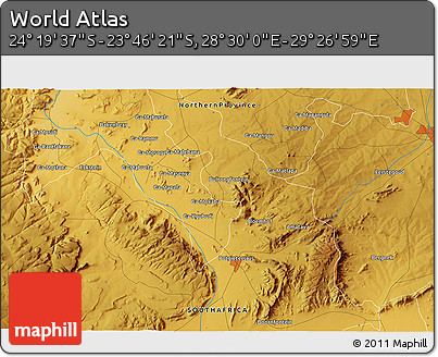 Physical 3D Map of the Area around 24° 2' 59" S, 28° 58' 30" E