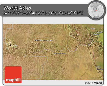 Satellite 3D Map of the Area around 24° 2' 59" S, 31° 31' 29" E