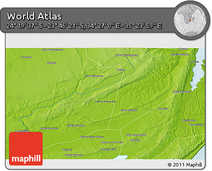 Physical 3D Map of the Area around 24° 2' 59" S, 34° 55' 29" E