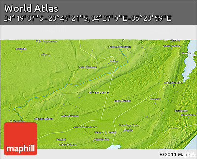 Physical 3D Map of the Area around 24° 2' 59" S, 34° 55' 29" E