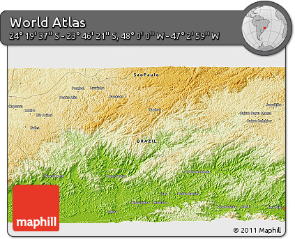 Physical 3D Map of the Area around 24° 2' 59" S, 47° 31' 29" W