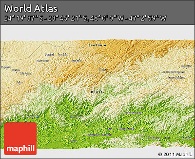 Physical 3D Map of the Area around 24° 2' 59" S, 47° 31' 29" W