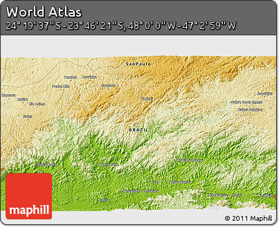 Physical 3D Map of the Area around 24° 2' 59" S, 47° 31' 29" W
