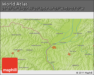Physical 3D Map of the Area around 24° 2' 59" S, 54° 19' 30" W