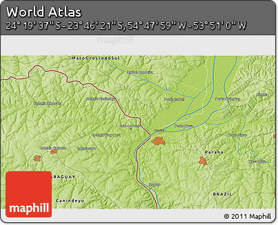 Physical 3D Map of the Area around 24° 2' 59" S, 54° 19' 30" W