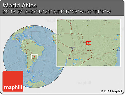 Savanna Style Location Map of the Area around 24° 2' 59" S, 54° 19' 30" W, hill shading