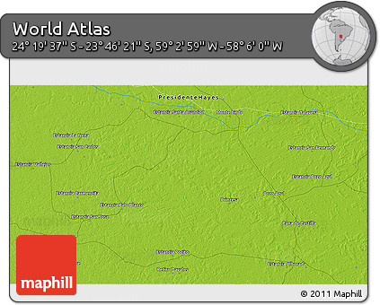 Physical 3D Map of the Area around 24° 2' 59" S, 58° 34' 30" W