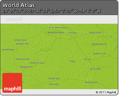 Physical 3D Map of the Area around 24° 2' 59" S, 58° 34' 30" W