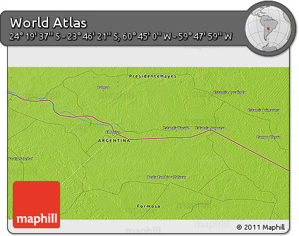 Physical 3D Map of the Area around 24° 2' 59" S, 60° 16' 29" W