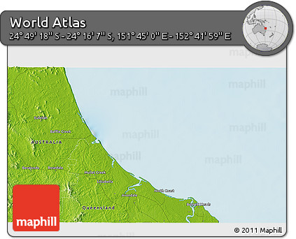 Physical 3D Map of the Area around 24° 32' 42" S, 152° 13' 29" E