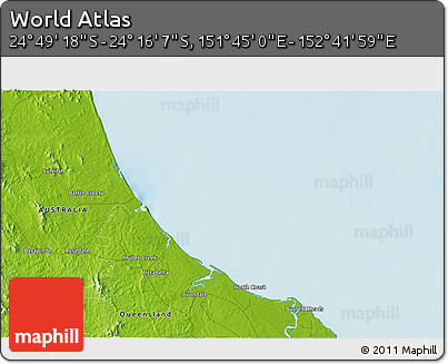 Physical 3D Map of the Area around 24° 32' 42" S, 152° 13' 29" E