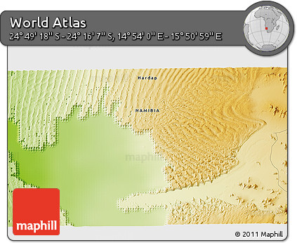 Physical 3D Map of the Area around 24° 32' 42" S, 15° 22' 30" E