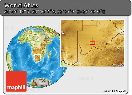 Physical Location Map of the Area around 24° 32' 42" S, 23° 1' 29" E