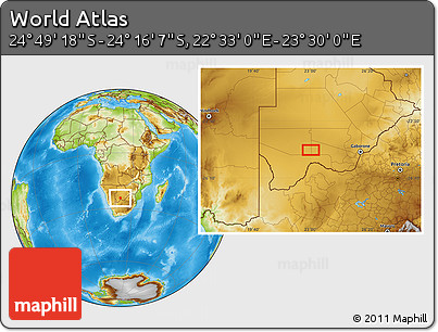 Physical Location Map of the Area around 24° 32' 42" S, 23° 1' 29" E