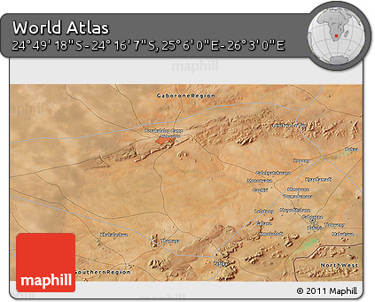 Satellite 3D Map of the Area around 24° 32' 42" S, 25° 34' 30" E