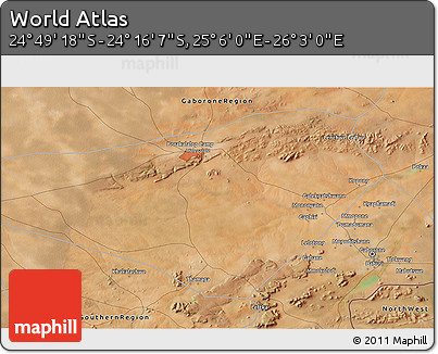 Satellite 3D Map of the Area around 24° 32' 42" S, 25° 34' 30" E