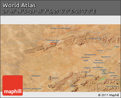 Satellite 3D Map of the Area around 24° 32' 42" S, 25° 34' 30" E