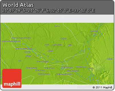 Physical 3D Map of the Area around 24° 32' 42" S, 33° 13' 30" E