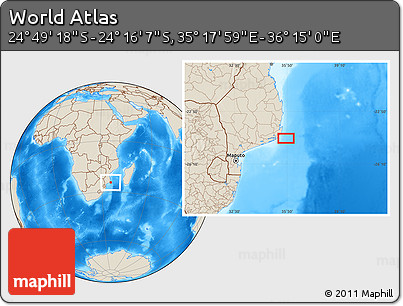 Shaded Relief Location Map of the Area around 24° 32' 42" S, 35° 46' 29" E