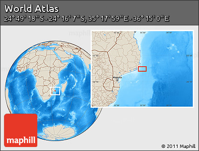 Shaded Relief Location Map of the Area around 24° 32' 42" S, 35° 46' 29" E