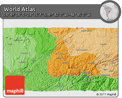 Political 3D Map of the Area around 24° 32' 42" S, 49° 13' 30" W