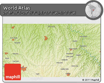 Physical 3D Map of the Area around 24° 32' 42" S, 53° 28' 30" W