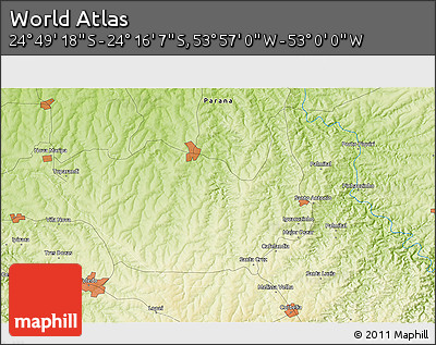 Physical 3D Map of the Area around 24° 32' 42" S, 53° 28' 30" W