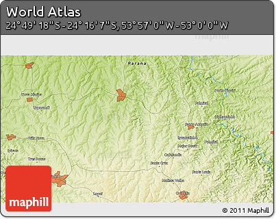 Physical 3D Map of the Area around 24° 32' 42" S, 53° 28' 30" W
