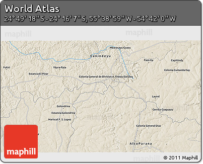 Shaded Relief 3D Map of the Area around 24° 32' 42" S, 55° 10' 29" W