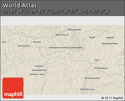 Shaded Relief 3D Map of the Area around 24° 32' 42" S, 55° 10' 29" W