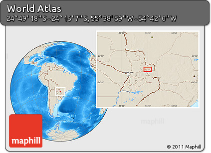 Shaded Relief Location Map of the Area around 24° 32' 42" S, 55° 10' 29" W