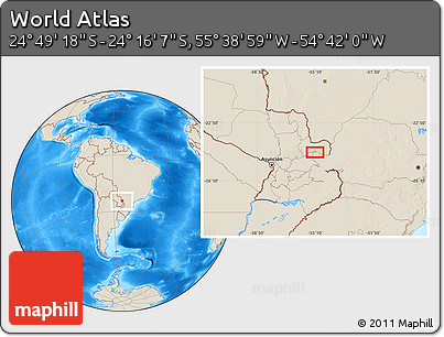 Shaded Relief Location Map of the Area around 24° 32' 42" S, 55° 10' 29" W