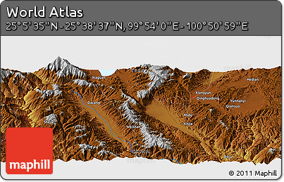 Physical Panoramic Map of the Area around 25° 22' 6" N, 100° 22' 30" E
