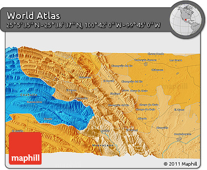 Political 3D Map of the Area around 25° 22' 6" N, 100° 13' 29" W