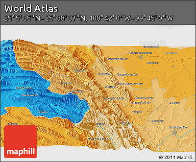 Political 3D Map of the Area around 25° 22' 6" N, 100° 13' 29" W