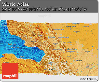 Political 3D Map of the Area around 25° 22' 6" N, 100° 13' 29" W