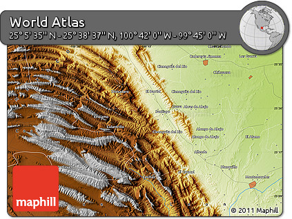 Physical Map of the Area around 25° 22' 6" N, 100° 13' 29" W