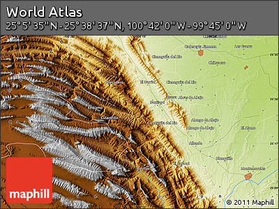 Physical Map of the Area around 25° 22' 6" N, 100° 13' 29" W