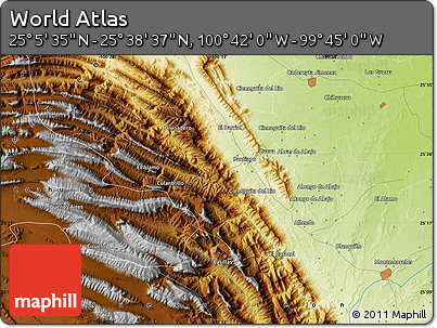 Physical Map of the Area around 25° 22' 6" N, 100° 13' 29" W