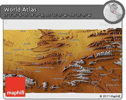 Physical 3D Map of the Area around 25° 22' 6" N, 101° 4' 29" W