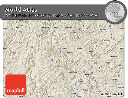 Shaded Relief Map of the Area around 25° 22' 6" N, 104° 37' 30" E