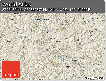 Shaded Relief Map of the Area around 25° 22' 6" N, 104° 37' 30" E