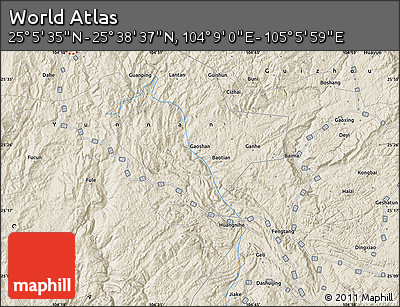 Shaded Relief Map of the Area around 25° 22' 6" N, 104° 37' 30" E