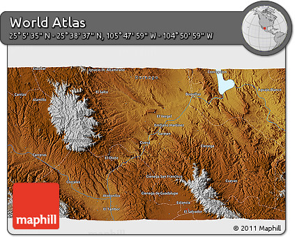 Physical 3D Map of the Area around 25° 22' 6" N, 105° 19' 29" W