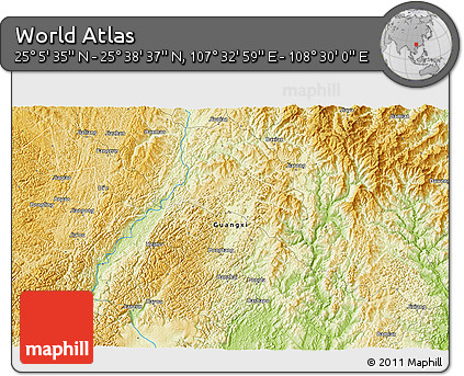 Physical 3D Map of the Area around 25° 22' 6" N, 108° 1' 30" E