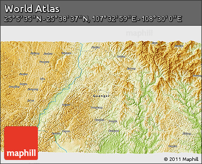 Physical 3D Map of the Area around 25° 22' 6" N, 108° 1' 30" E